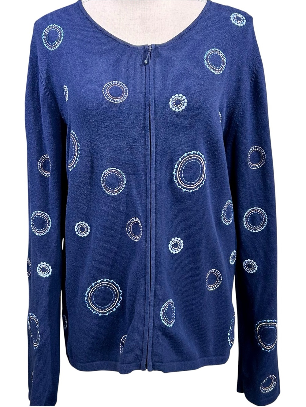 Vintage Women’s Navy Full Zip-Front Sweater with Embroidered Circles Size L Cozy